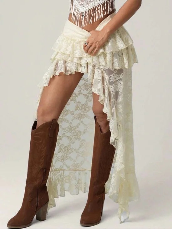 Boho Lace High-Low Ruffle Skirt in Cream - Picture 1 of 2